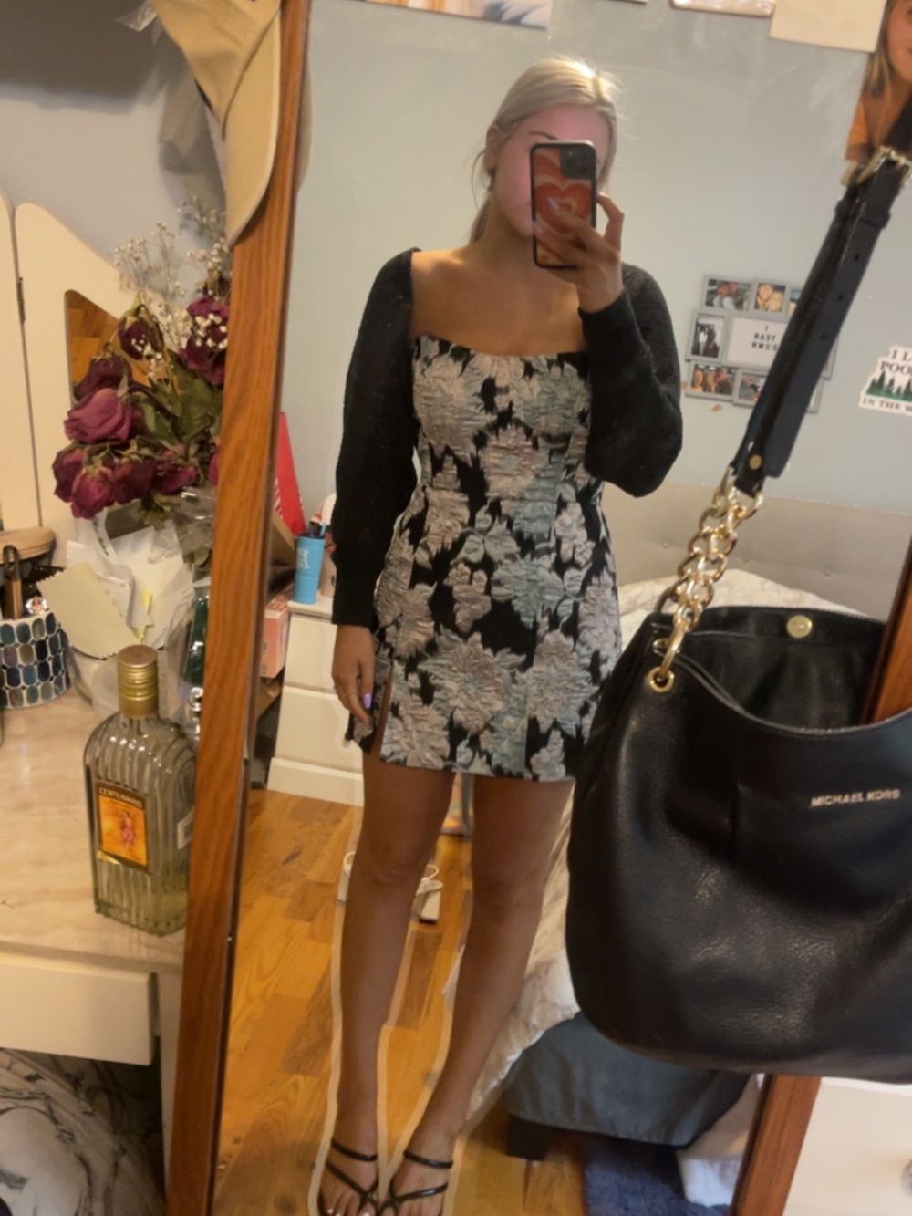 Selfie Leslie Black Strapless Floral Mini Dress with Mint and Cream Bloom